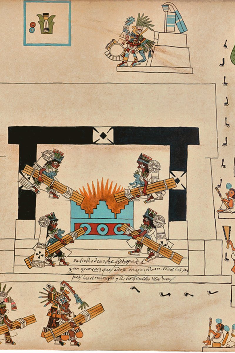 Codex Borbonicus, p. 34 (the New Fire Ceremony) — public domain via Wikimedia Commons Priests bearing bound fire-bundles toward a central blaze on a stepped temple — la ceremonia del Fuego Nuevo. Codex Borbonicus, page 34.