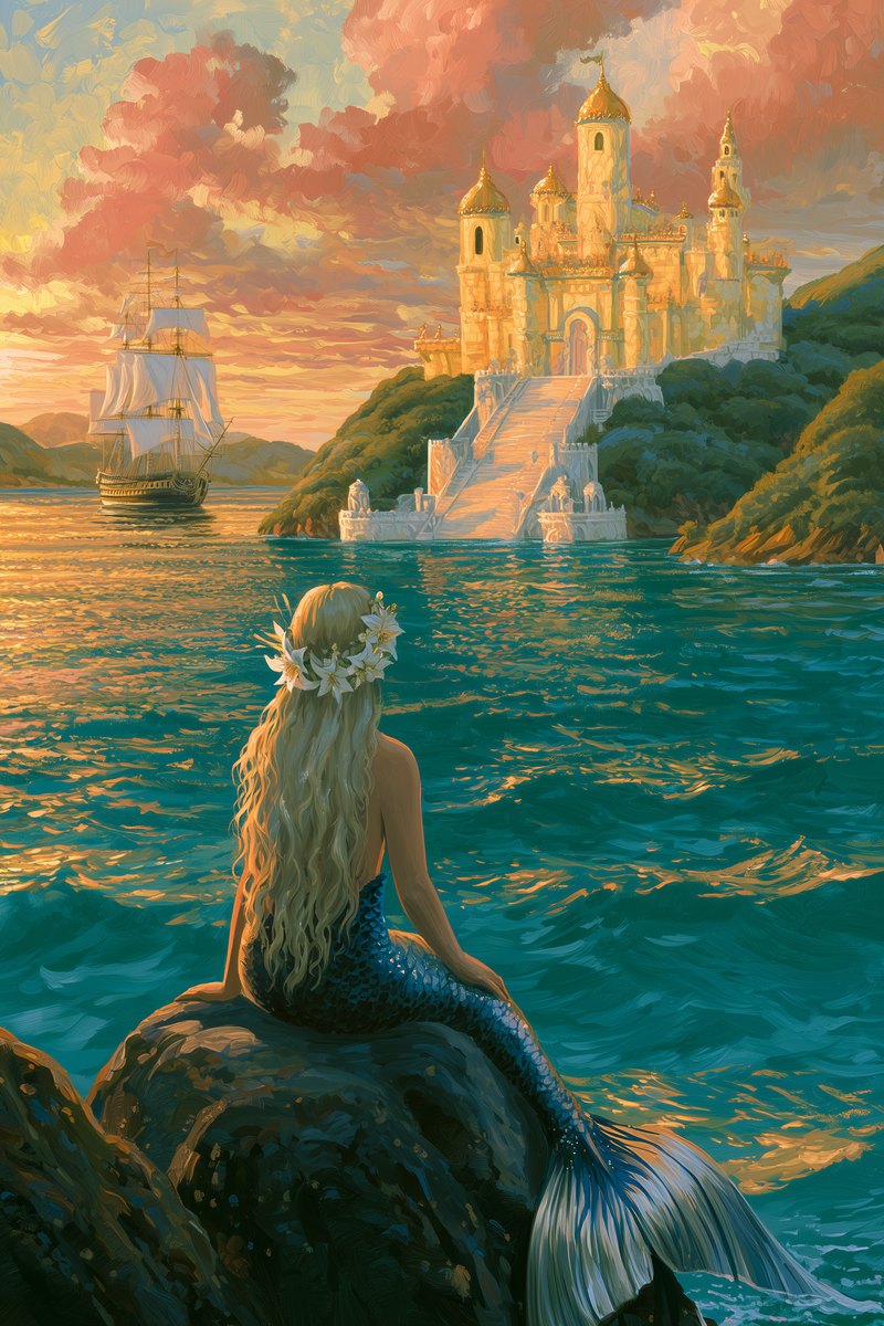 Original cover art for La sirenita — Wikowí A golden-haired mermaid on a rock at sunset, gazing across the water at a tall sailing ship and a golden cliff-top castle — La sirenita.