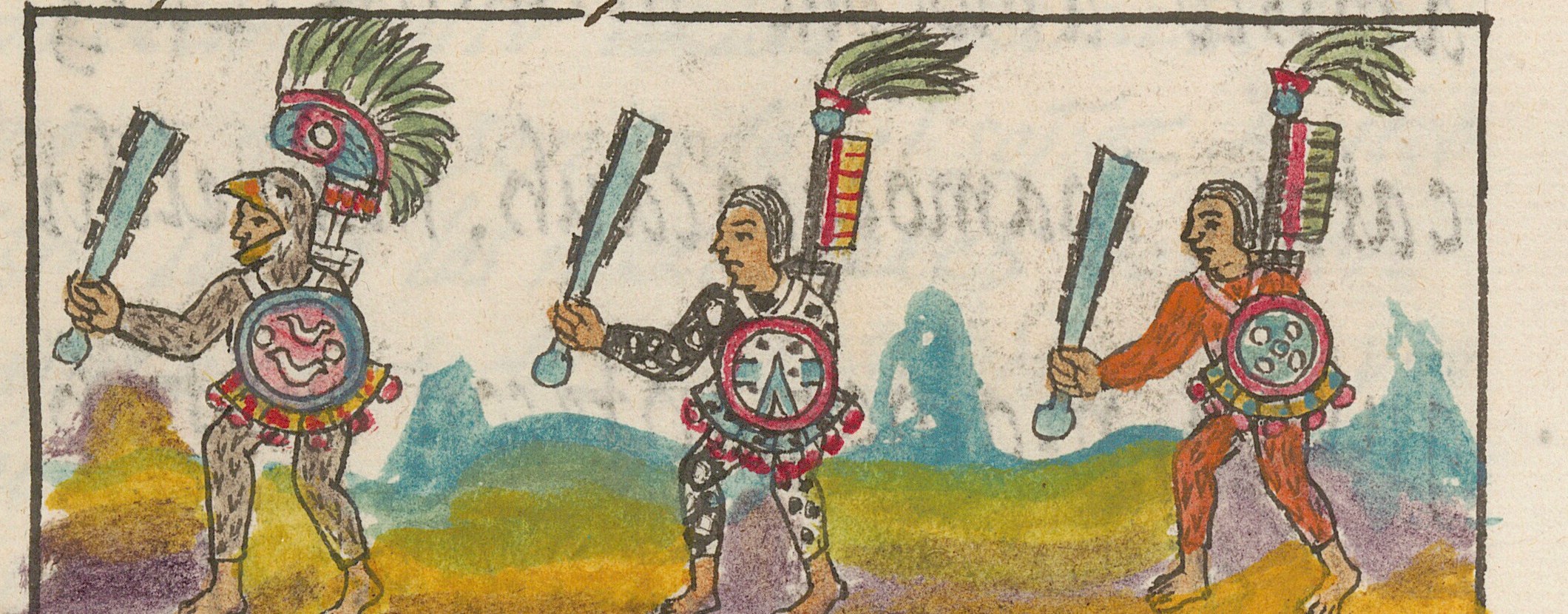 Three Aztec warriors with feathered headdresses, obsidian clubs and shields — Florentine Codex, Book 9